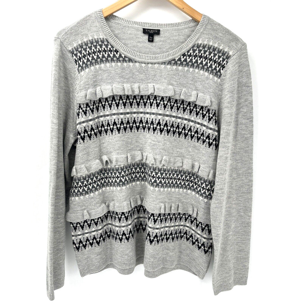 Talbots Sweater Womens Petite XL XLp Gray Fair Isle Knit Ruffled Lambswool Blend